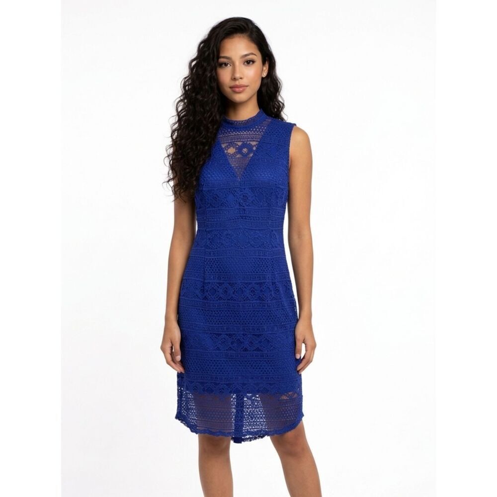 Enfocus Studio Royal Blue High Neck Lace Sleeveless Lined Fitted Dress Size 10